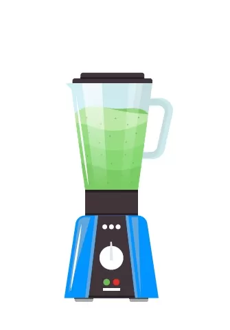 Liquidificador com líquido verde, copo transparente com tampa na cor preta e parte inferior do motor na cor azul e botão na cor cinza.